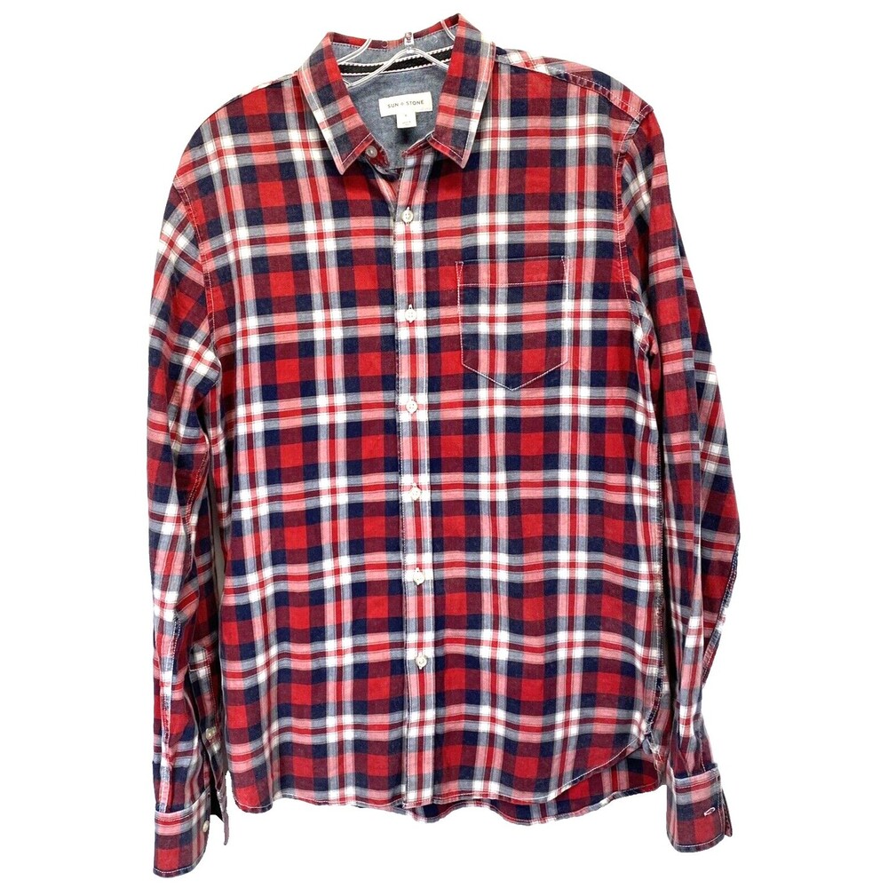 Sun Stone Men's Button Up Shirt Small Black/Red/White Plaid Long Sleeve